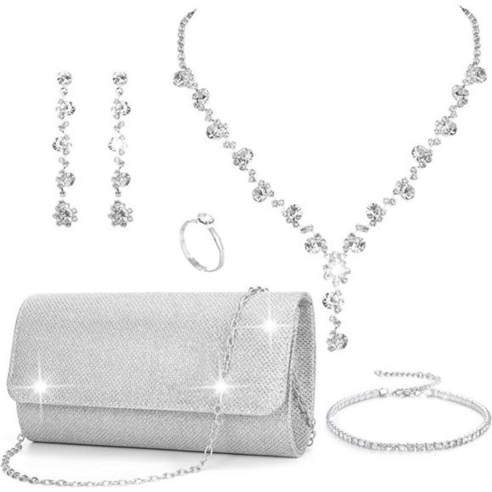 Rhinestone Jewelry Set for Women Sparkly Silver Clutch Purse Wedding Bridal